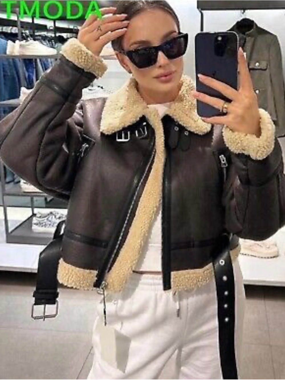 ZARA Brown Double-Faced Faux Shearling Trim Short Aviator Jacket - S - Picture 8 of 8